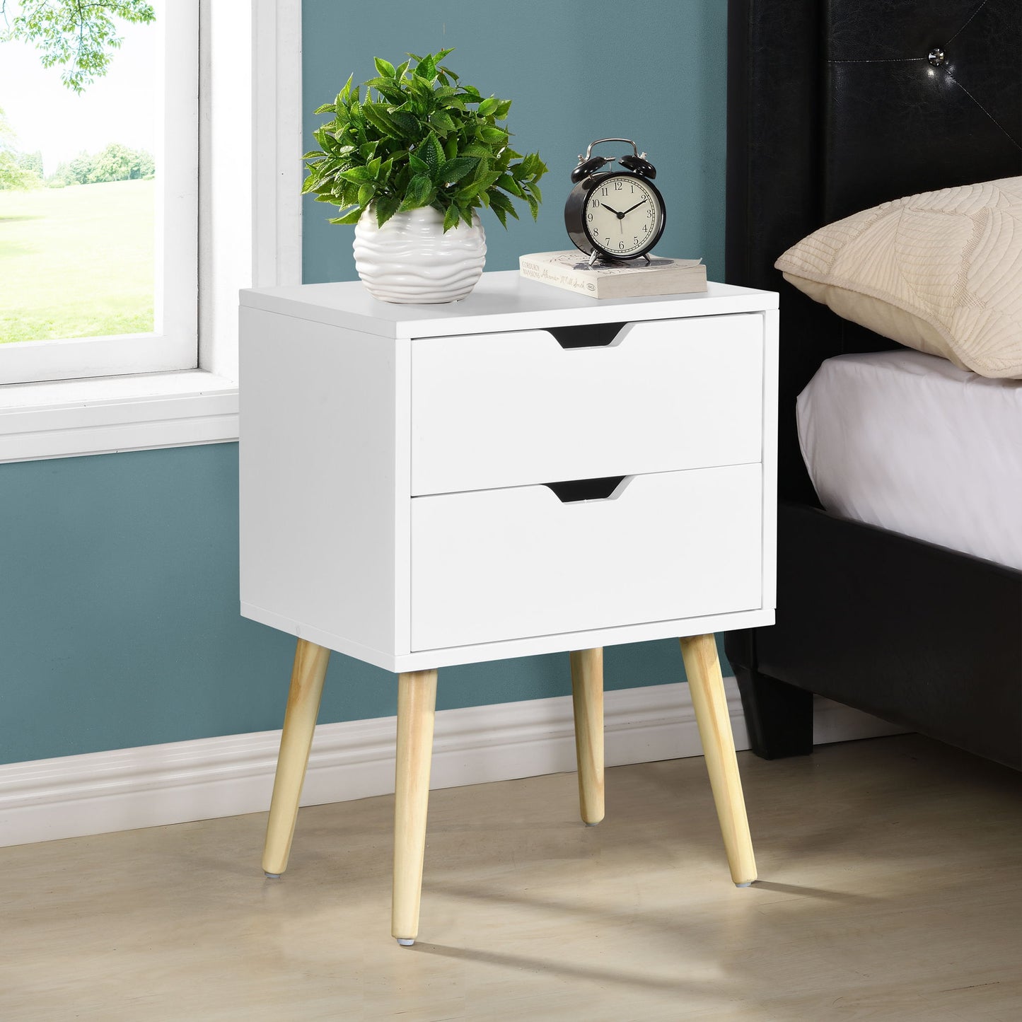 Mid Century Modern Side Table With 2 Drawers And Rubber Wood Legs - White