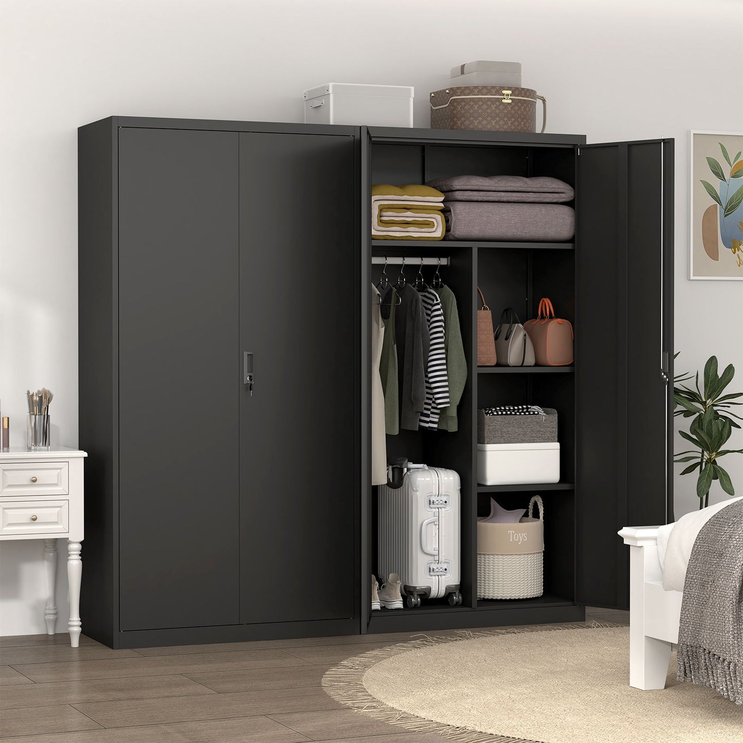 Metal Wardrobe Cabinet With Hanging Rod And Lock Adjustable Shelves Clothing Locker Storage - Black