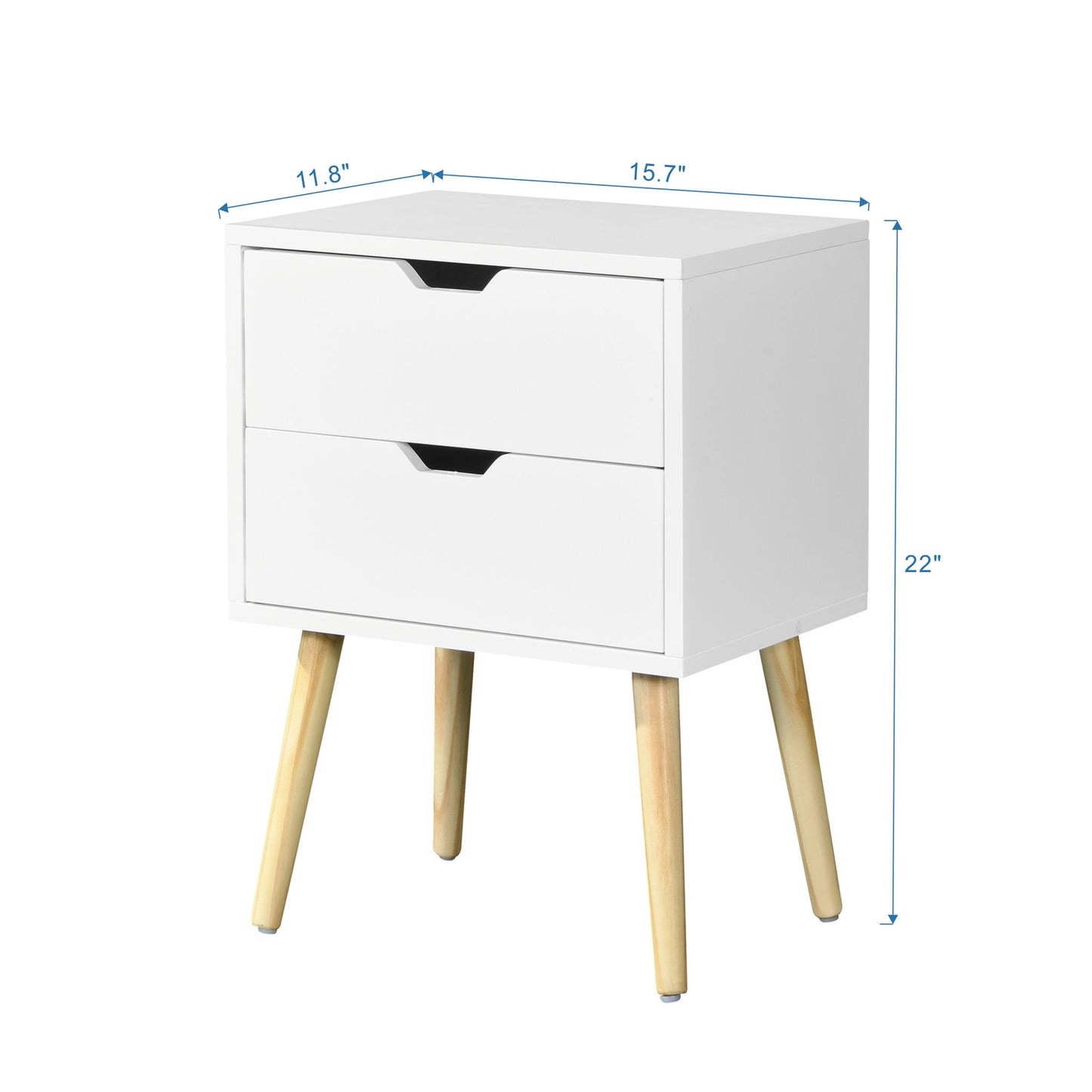 Mid Century Modern Side Table With 2 Drawers And Rubber Wood Legs - White