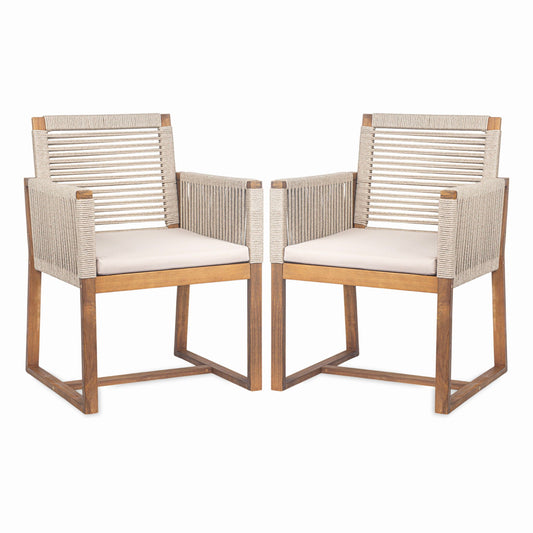 Acacia Wood Outdoor Dining Chairs (Set of 2) With Rope Design Back And Arms, Washable Cushion - Light Brown