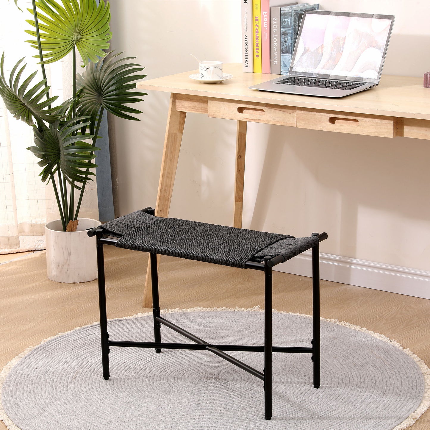 Handwoven Paper Rope Foot Rest Shoes Stools Ottomans For Entryway