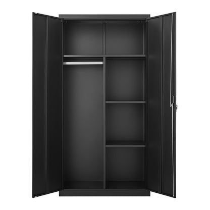Metal Wardrobe Cabinet With Hanging Rod And Lock Adjustable Shelves Clothing Locker Storage - Black