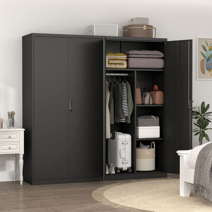 Metal Wardrobe Cabinet With Hanging Rod And Lock Adjustable Shelves Clothing Locker Storage - Black