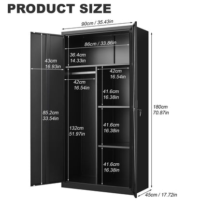 Metal Wardrobe Cabinet With Hanging Rod And Lock Adjustable Shelves Clothing Locker Storage - Black
