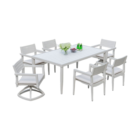 Modern Patio Furniture Dining Set With Swivel Rockers Chairs, Sunbrella Cushions, 2 Tone Table