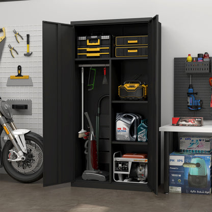 Metal Wardrobe Cabinet With Hanging Rod And Lock Adjustable Shelves Clothing Locker Storage - Black